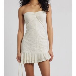 BP. Strapless Dress Womens XS Ivory Lace Bodycon Ruffle Hem Party Mini